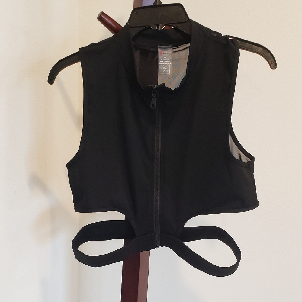 Black athletic top with elastic band attached at hem, size L, NEW - Picture 9 of 9